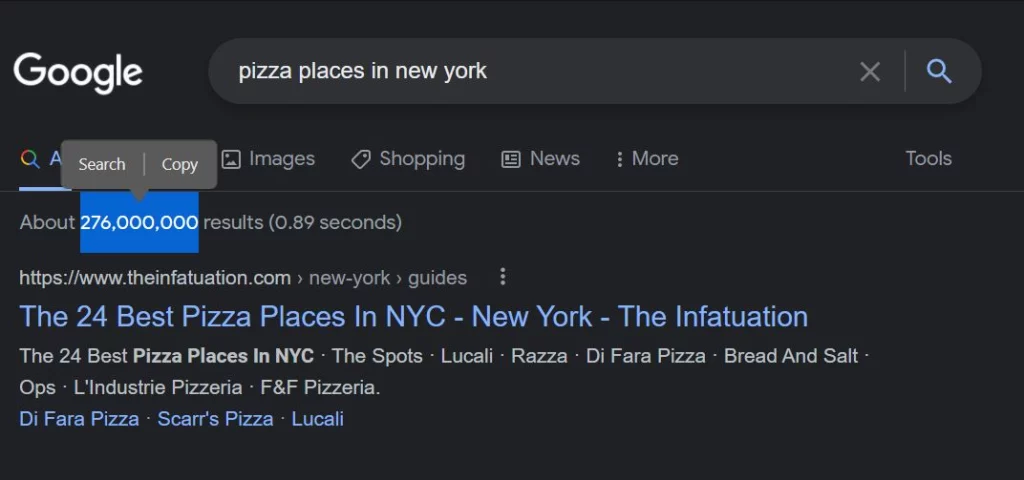 Search Engine Results for "pizza places in new york"
